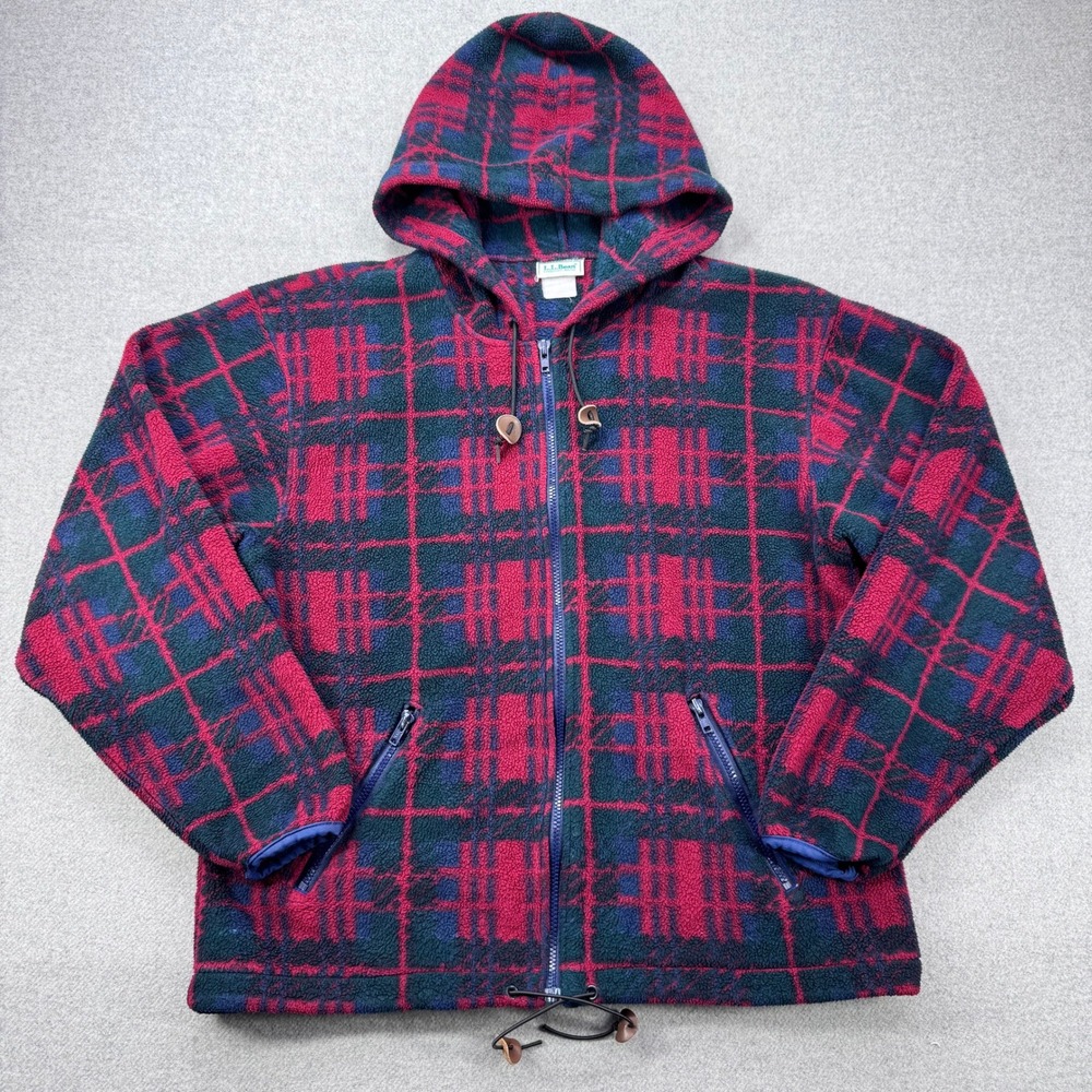 Vintage 90s LL Bean Hooded Fleece Jacket Red Plaid Full Zip Womens Small USA